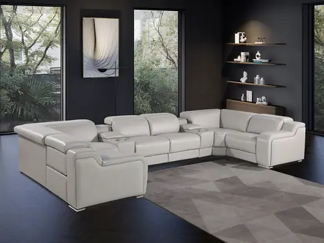 Light Gray Italian Leather Power Reclining U Shaped Eight Piece Corner Sectional With Console