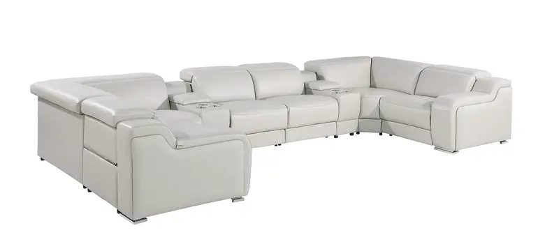 Light Gray Italian Leather Power Reclining U Shaped Eight Piece Corner Sectional With Console
