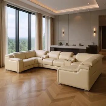 Beige Italian Leather Power Reclining U Shaped Eight Piece Corner Sectional With Console