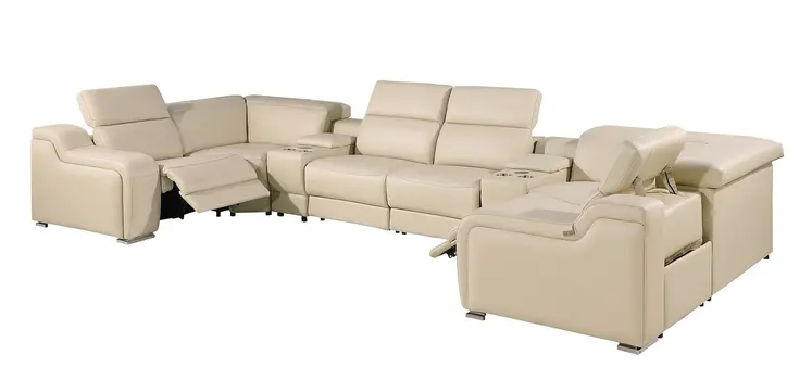 Beige Italian Leather Power Reclining U Shaped Eight Piece Corner Sectional With Console
