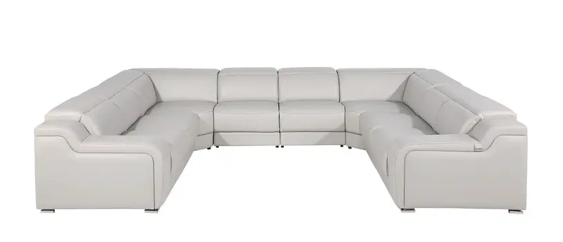 Light Gray Italian Leather Power Reclining U Shaped Eight Piece Corner Sectional With Console