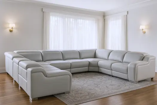 Light Gray Italian Leather Power Reclining U Shaped Eight Piece Corner Sectional With Console