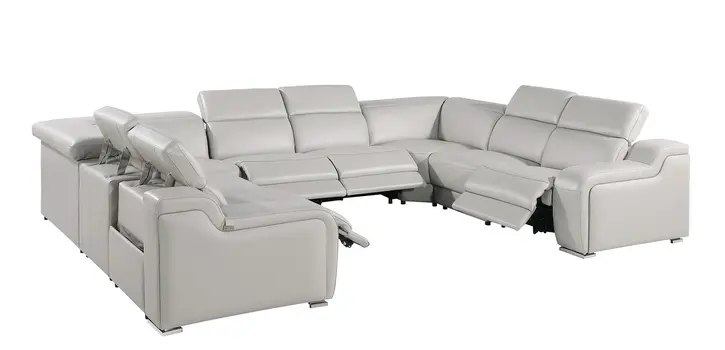 Light Gray Italian Leather Power Reclining U Shaped Eight Piece Corner Sectional With Console