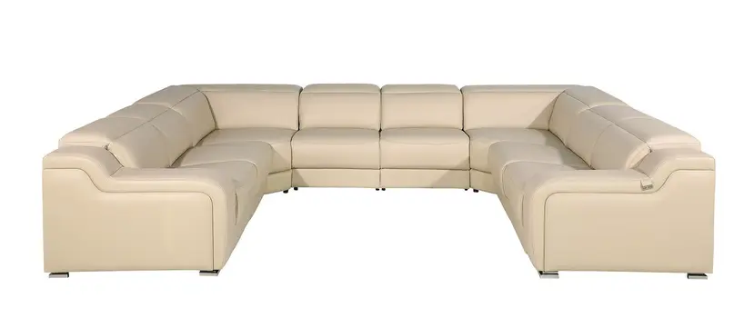 Beige Italian Leather Power Reclining U Shaped Eight Piece Corner Sectional With Console
