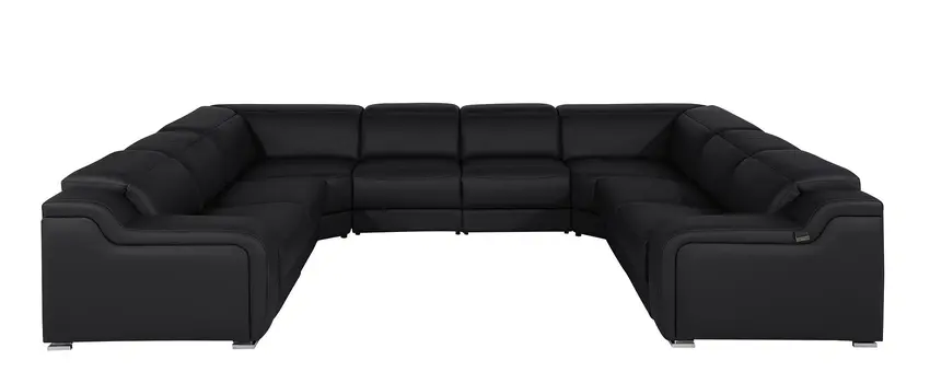 Black Italian Leather Power Reclining U Shaped Eight Piece Corner Sectional With Console