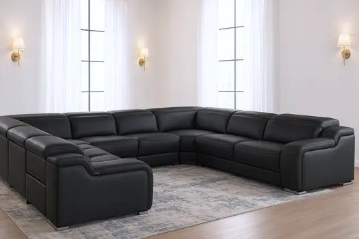 Black Italian Leather Power Reclining U Shaped Eight Piece Corner Sectional With Console