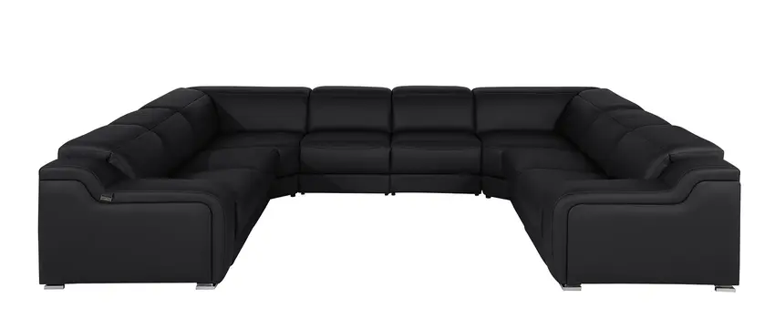 Black Italian Leather Power Reclining U Shaped Eight Piece Corner Sectional With Console