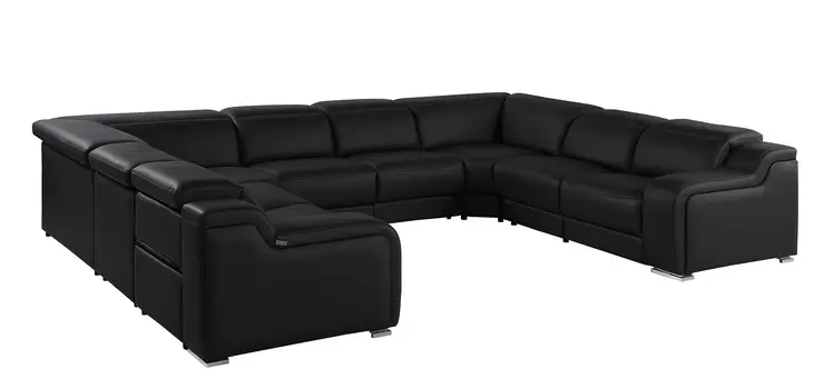 Black Italian Leather Power Reclining U Shaped Eight Piece Corner Sectional With Console