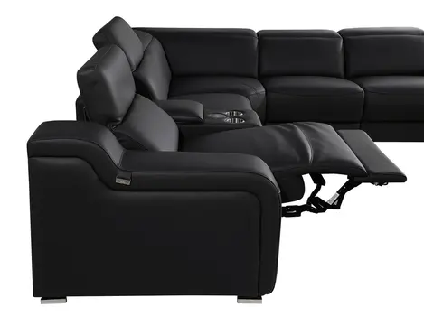 Black Italian Leather Power Reclining U Shaped Eight Piece Corner Sectional With Console