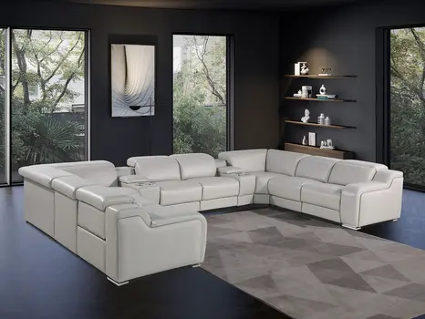 Light Gray Italian Leather Power Reclining U Shaped Ten Piece Corner Sectional With Console