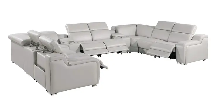 Light Gray Italian Leather Power Reclining U Shaped Ten Piece Corner Sectional With Console