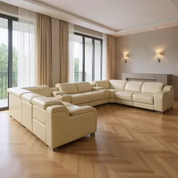 Beige Italian Leather Power Reclining U Shaped Ten Piece Corner Sectional With Console
