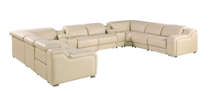 Beige Italian Leather Power Reclining U Shaped Ten Piece Corner Sectional With Console