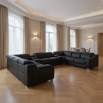 Black Italian Leather Power Reclining U Shaped Ten Piece Corner Sectional With Console