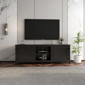 70" Black Wood Enclosed and Open Storage TV Stand