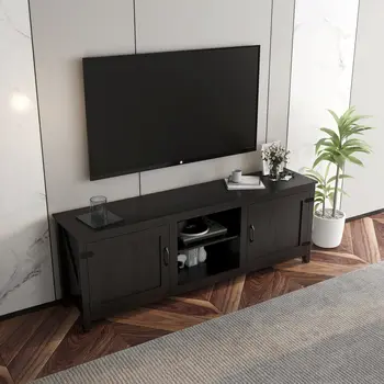 70" Black Wood Enclosed and Open Storage TV Stand
