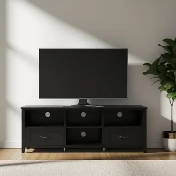 70" Black Wood Enclosed and Open Storage TV Stand