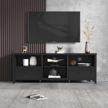 70" Black Wood Enclosed and Open Storage TV Stand