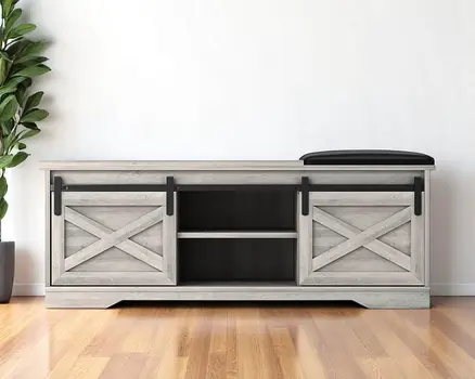 47" Gray Faux Leather Upholstered Storage Bench with Shelves