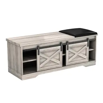 47" Gray Faux Leather Upholstered Storage Bench with Shelves
