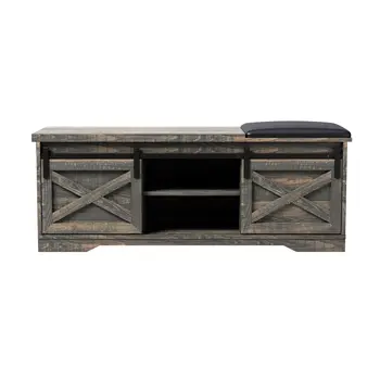 47" Dark Brown Faux Leather Upholstered Storage Bench with Shelves