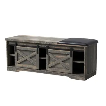 47" Dark Brown Faux Leather Upholstered Storage Bench with Shelves