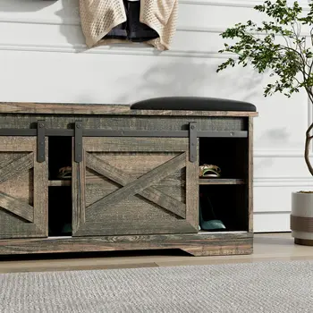 47" Dark Brown Faux Leather Upholstered Storage Bench with Shelves