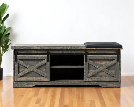 47" Dark Brown Faux Leather Upholstered Storage Bench with Shelves