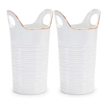 Set of Two White And Beige Round Ceramic Table Vase