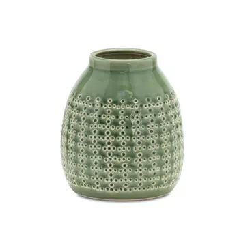 7" Green And White Round Clay Table Vase