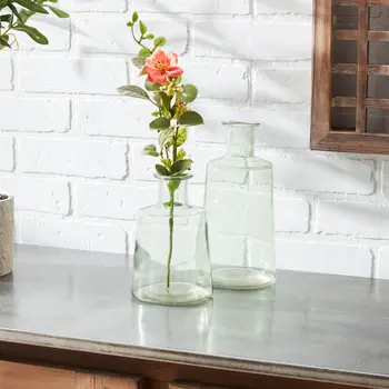 Set of Two Green Round Glass Table Vase