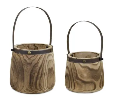 Set of Two Brown Round Wood Table Vase