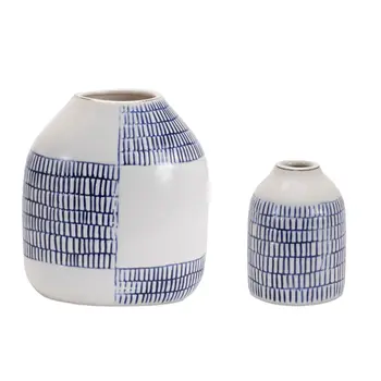 Set of Two White And Blue Checkered Round Ceramic Table Vase