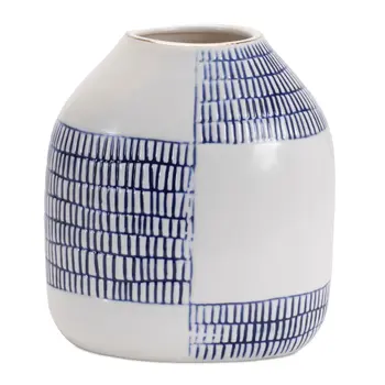 Set of Two White And Blue Checkered Round Ceramic Table Vase