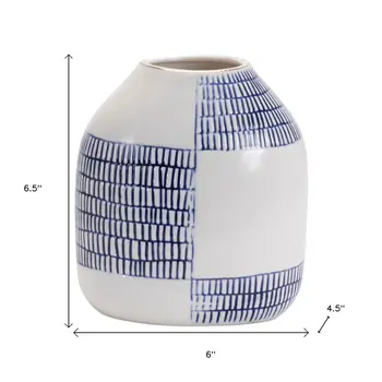 Set of Two White And Blue Checkered Round Ceramic Table Vase