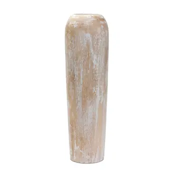 24" Brown And White Round Wood Floor Vase