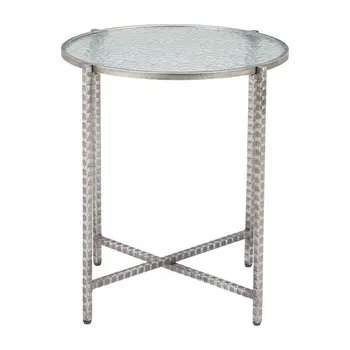 22" Clear and Silver Glass and Distressed Steel Round End Table