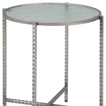 22" Clear and Silver Glass and Distressed Steel Round End Table