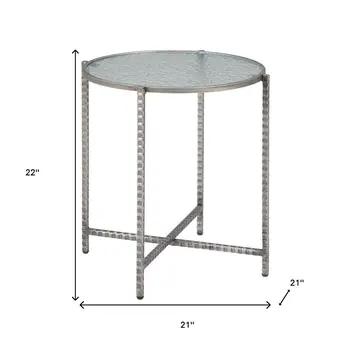 22" Clear and Silver Glass and Distressed Steel Round End Table