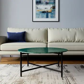 32" Green and Charcoal Genuine Marble Round Coffee Table