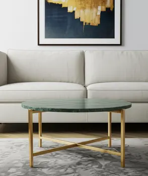 32" Green and Gold Genuine Marble and Metal Round Coffee Table