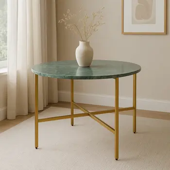 32" Green and Gold Genuine Marble and Metal Round Coffee Table