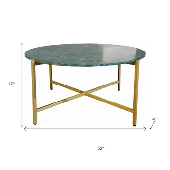 32" Green and Gold Genuine Marble and Metal Round Coffee Table