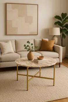 32" Brown and Gold Genuine Marble and Metal Round Coffee Table