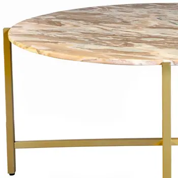 32" Brown and Gold Genuine Marble and Metal Round Coffee Table