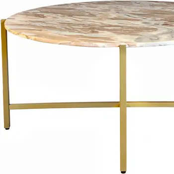 32" Brown and Gold Genuine Marble and Metal Round Coffee Table
