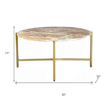 32" Brown and Gold Genuine Marble and Metal Round Coffee Table