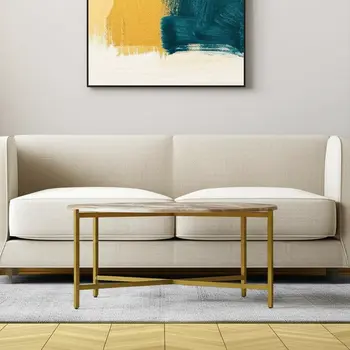 32" Brown and Gold Genuine Marble and Metal Round Coffee Table