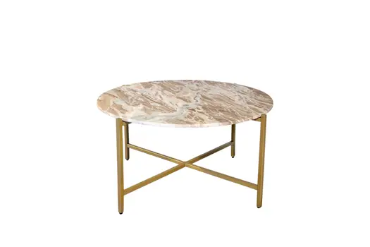 32" Brown and Gold Genuine Marble and Metal Round Coffee Table