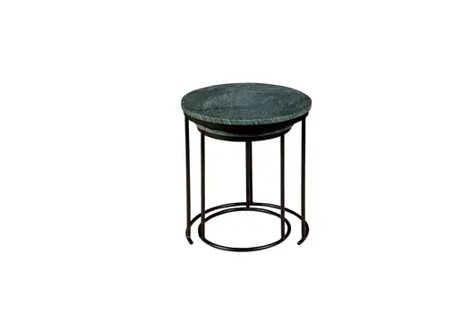 Set of Two Green and Black Marble and Metal Round Nested Tables